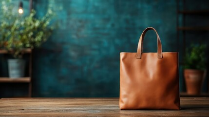 A sleek, leather bag with long handles sits elegantly on a wooden table, contrasted by a simple teal background, depicting style, materials, and modern design.