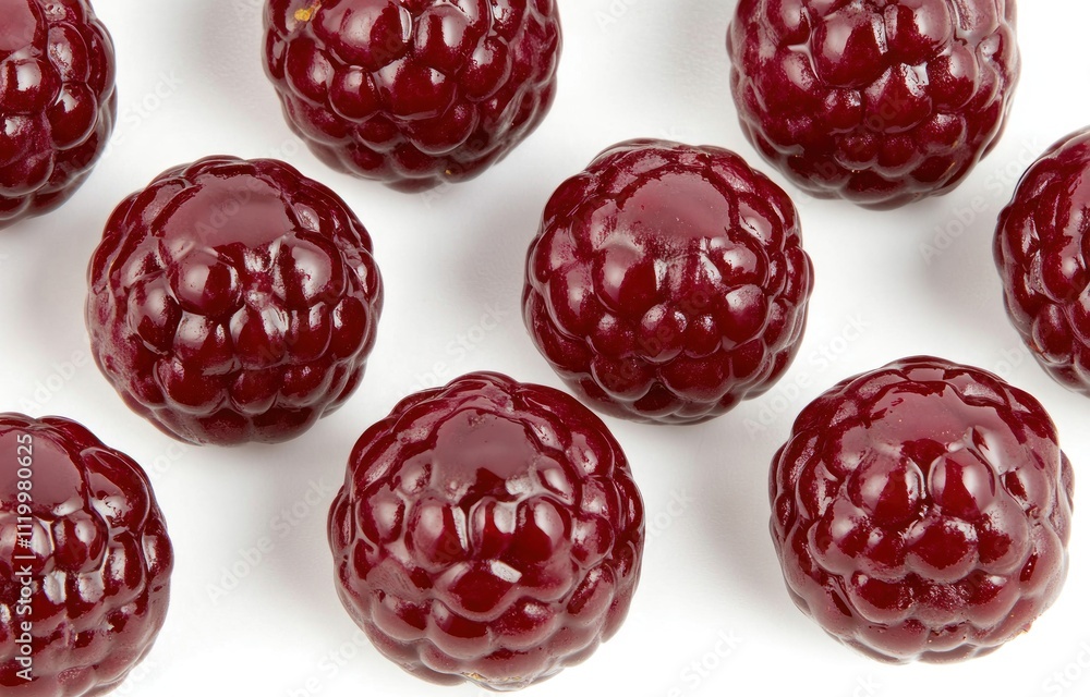 Poster a close-up view of glossy red raspberry-like candies arranged on a white surface.