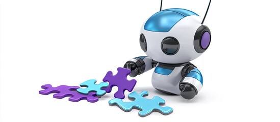 Cute robot assembling colorful puzzle pieces.