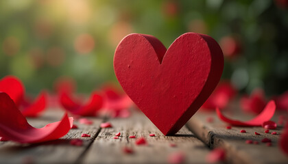 Red heart figurine surrounded by rose petals on a wooden surface, symbolizing love and romance.