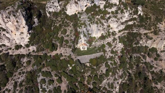 Top drone view of the Sainte-Baume chapel close to Ascros village