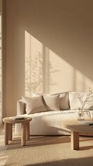 Minimalist Living Room Decor With Beige Sofa And Wooden Tables