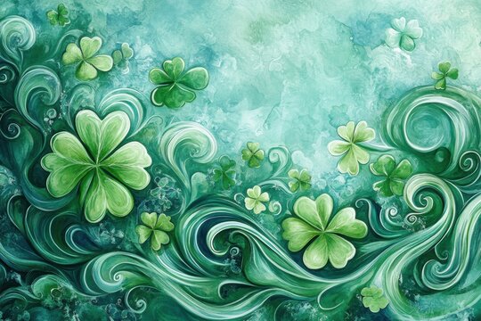 saint patricks day art, lively watercolor painting of st patricks day featuring green swirls, irish symbols, and a soft aqua background