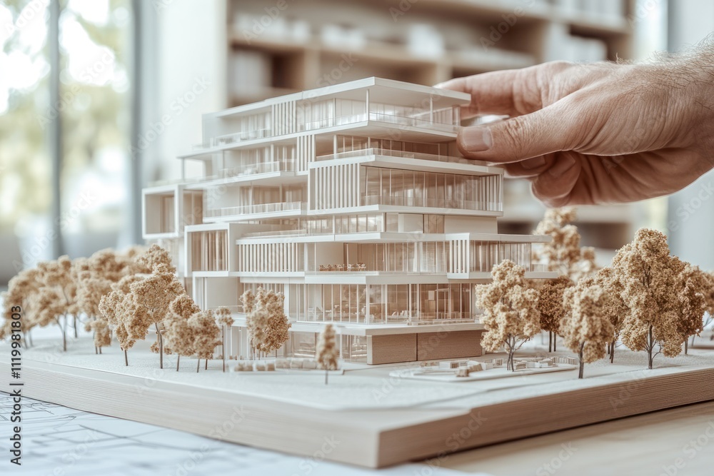 Poster a hand adjusts a detailed architectural model of a modern building surrounded by trees.
