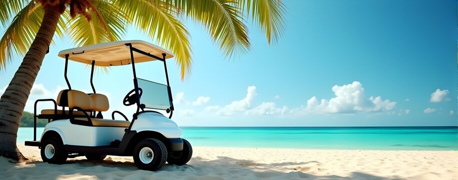 Tropical Getaway: A pristine beach, turquoise waters, and a golf cart parked under a palm tree. Pure bliss!