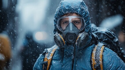 Man in Survival Gear in Apocalyptic Snow Scene