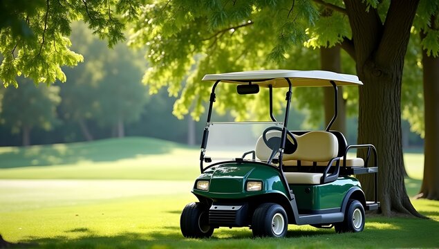 Serene golf course scene, a vibrant green golf cart rests peacefully under the shade of lush trees. A tranquil escape!