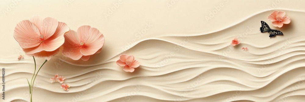 Poster a serene design featuring textured waves, delicate flowers, and a butterfly on a soft background.