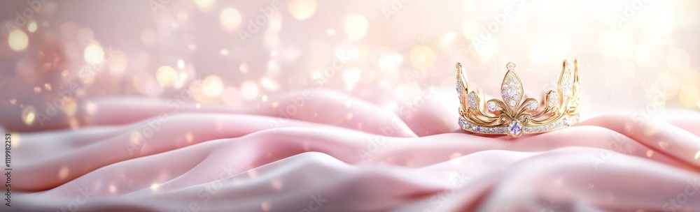 Poster a golden crown resting on soft pink fabric, illuminated by soft light and bokeh effects.