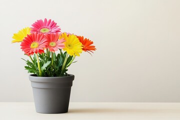 single flower pot containing vibrant flowers placed slightly to left on light wooden table leaving ample space on right