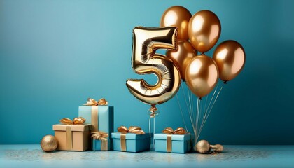 minimalist celebratory image with gold 5 balloons and gift boxes on light blue background