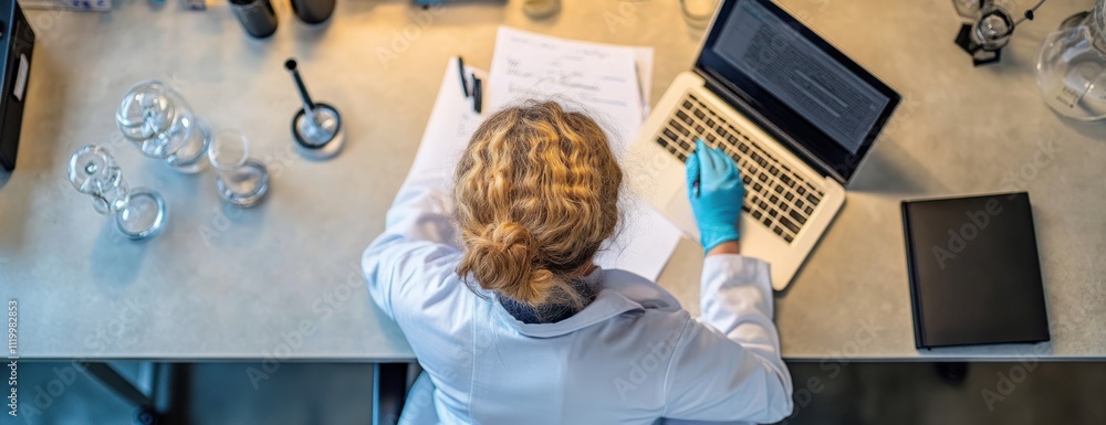 Poster A scientist working at a lab desk with papers and a laptop.
