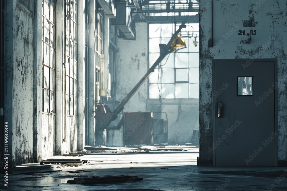 Poster An abandoned industrial space with sunlight filtering through dusty windows.