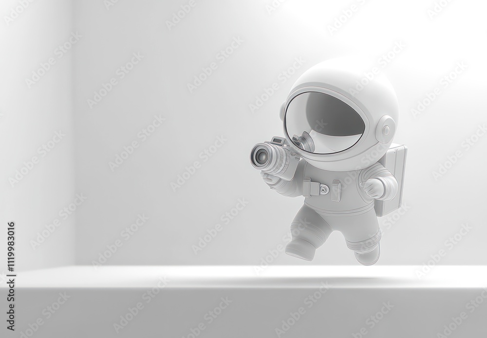 Poster a playful astronaut figure holding a camera, floating in a minimalist white space.