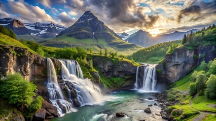 Majestic mountain waterfall landscape with vibrant greenery and sunlight