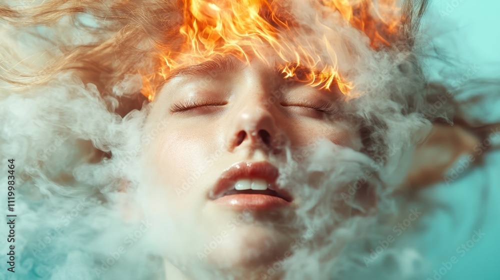 Poster an artistic image featuring a face enveloped in flames and smoke against a cool blue background, cre