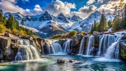 Fototapeta premium Majestic mountain waterfall in a vibrant autumn forest with snow-capped peaks and colorful trees