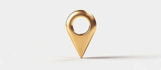 Golden 3D location pin on white background.