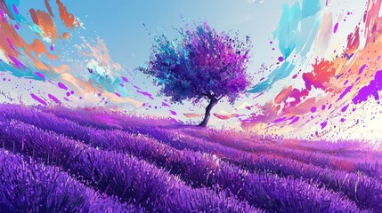 A lavender field and violet tree with splashes and swirls of multicolored paint.