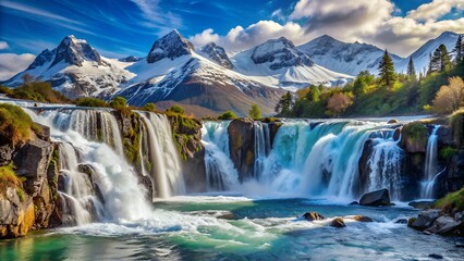 Fototapeta premium Majestic waterfall in a valley surrounded by snow-capped mountains