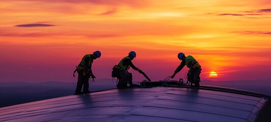 Sunset Silhouette of Industrial Workers on a Rooftop