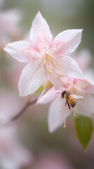 Bees pollinating delicate cherry blossom flowers botanical garden macro springtime close-up nature's beauty