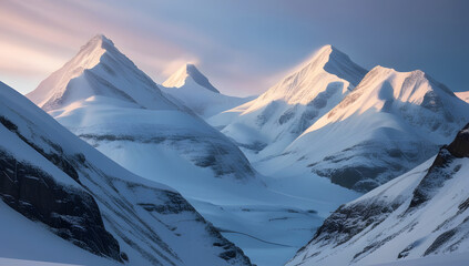 In the heart of a mysterious winter landscape, stand majestic mountains blanketed in glistening snow, their peaks shimmering in the soft light of a distant sun. 