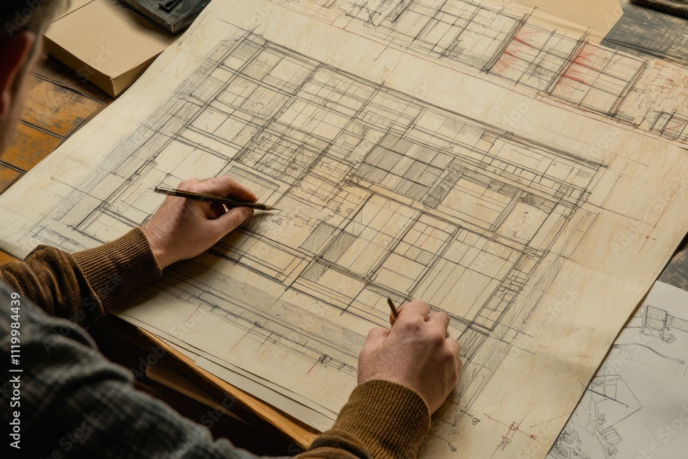 Poster a person sketches architectural plans on large paper, showcasing design and creativity.