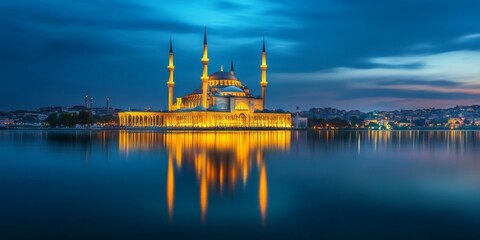 Obraz premium Magnificent Night View of the Camlica Mosque in Istanbul, Turkey, Reflecting on Serene Waters