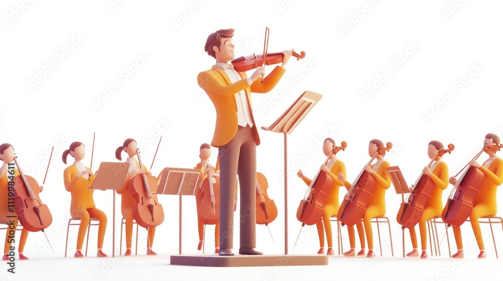 Poster a 3d illustration of an orchestra with a conductor and musicians playing string instruments.
