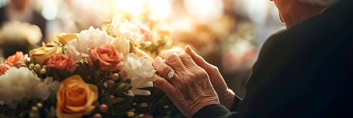 Close up of a supportive bereavement coordinator helping families cope with loss at a floral-filled memorial gathering
