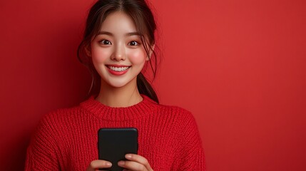 Joyful Young Woman Holding a Phone Against Red Background