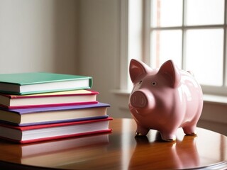 A pink piggy bank beside a stack of colorful books on a wooden table by the window, symbolizing savings and knowledge.