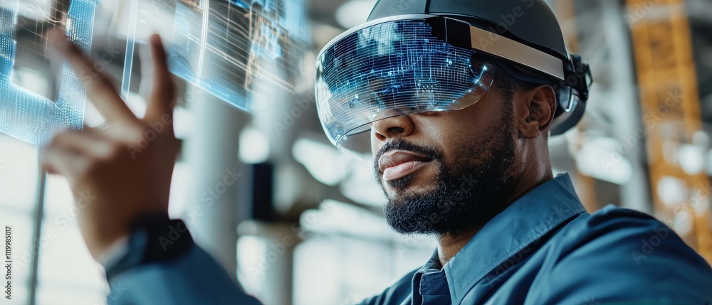 Poster Engineer at a wind turbine farm using holographic wind speed and efficiency data displayed through AR glasses
