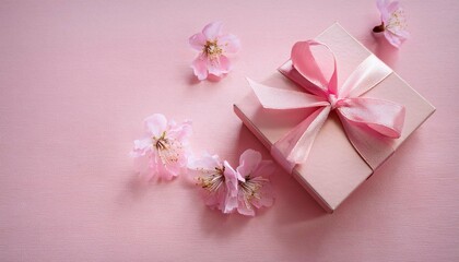 small elegant present gift box with tiny pale pink satin ribbon decorated with blooming sakura flowers on pale pink background