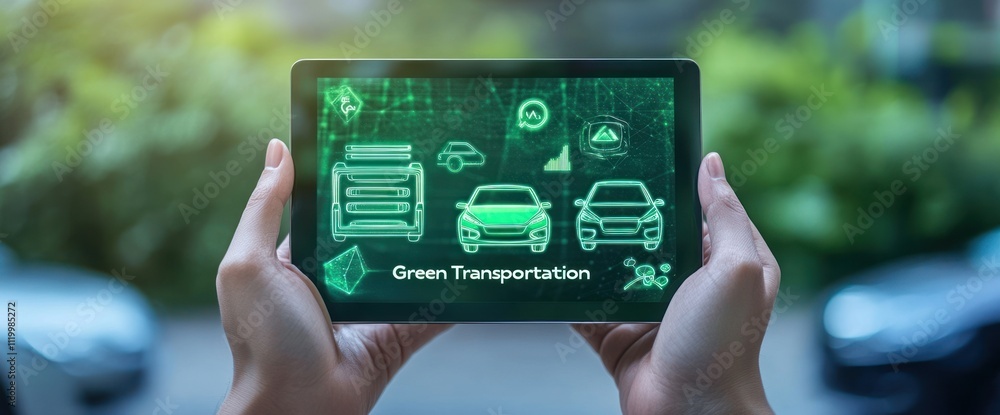 Aufkleber hands holding a tablet displaying green transportation icons and concepts.