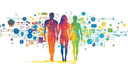 Fototapeta premium Humanity's interconnected digital world, vibrant illustration of people linked by technology, symbolizing global communication and data flow.