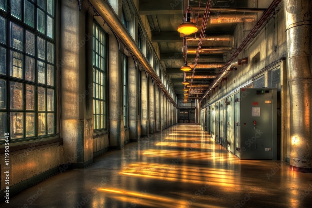 Poster A long, illuminated corridor in an industrial building with large windows and metallic features.