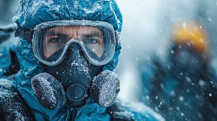 Man in Blue Hazmat Suit with Full Face Respirator