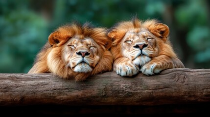 Fototapeta premium Two magnificent lions resting peacefully on a sunlit wooden log in the wild, illustrating serenity and the innate bonding of the animal kingdom marvelously.