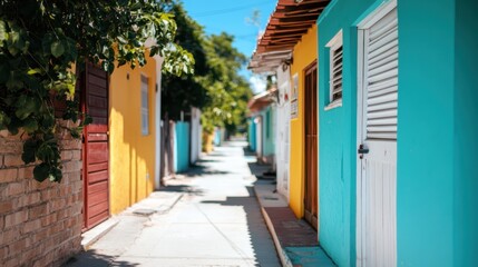 A narrow alleyway flanked by vivid yellow and aqua homes under a cloudless sky, illustrating daily life in a vibrant urban community setting.