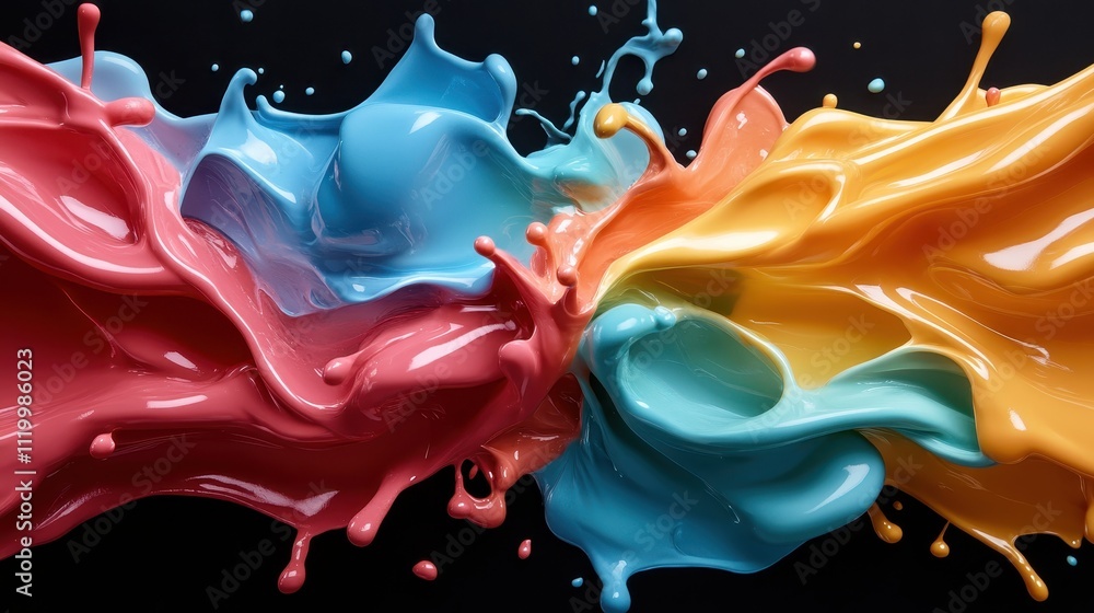 Poster a visually impressive image displaying colorful liquids in dramatic collision, beautifully capturing