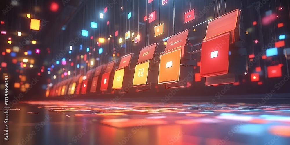 Poster futuristic abstract network grid concept with colorful files and folders hanging above a gleaming su