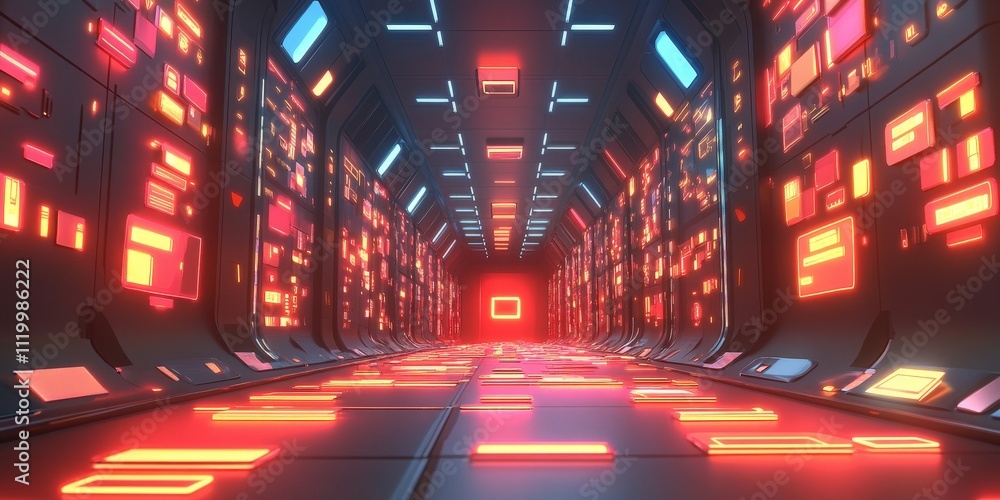 Poster futuristic abstract network grid with illuminating red lights and digital files in a high-tech corri