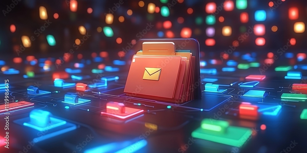 Poster abstract futuristic network grid with colorful folders and files illuminating a digital environment 