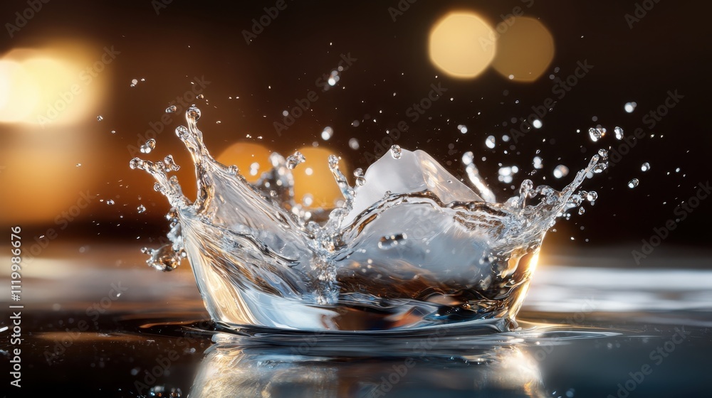Poster capturing the powerful motion of a water splash, highlighted against a golden bokeh backdrop, creati