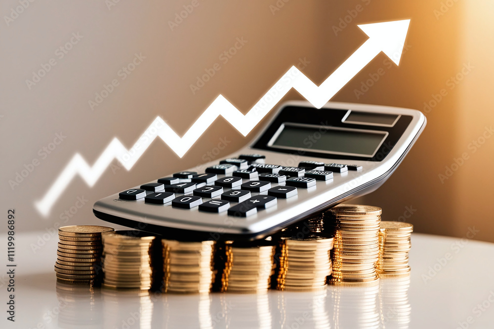 Poster a calculator in the background and two stacks of coins in the foreground. above the coins there is a