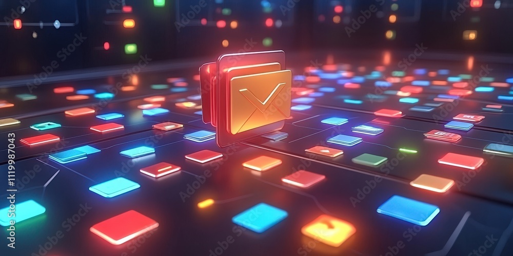 Poster futuristic abstract network grid with colorful files and folders in a digital space representing dat