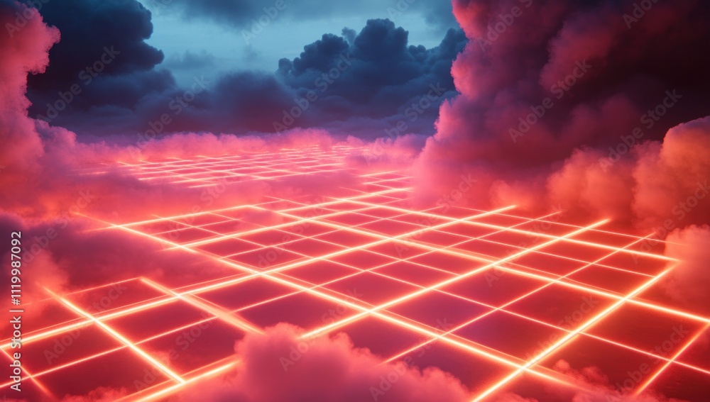 Poster a futuristic landscape with glowing grid patterns and dramatic clouds.