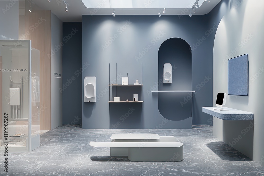 Poster modern interior showcasing minimalist design with functional elements and technology.